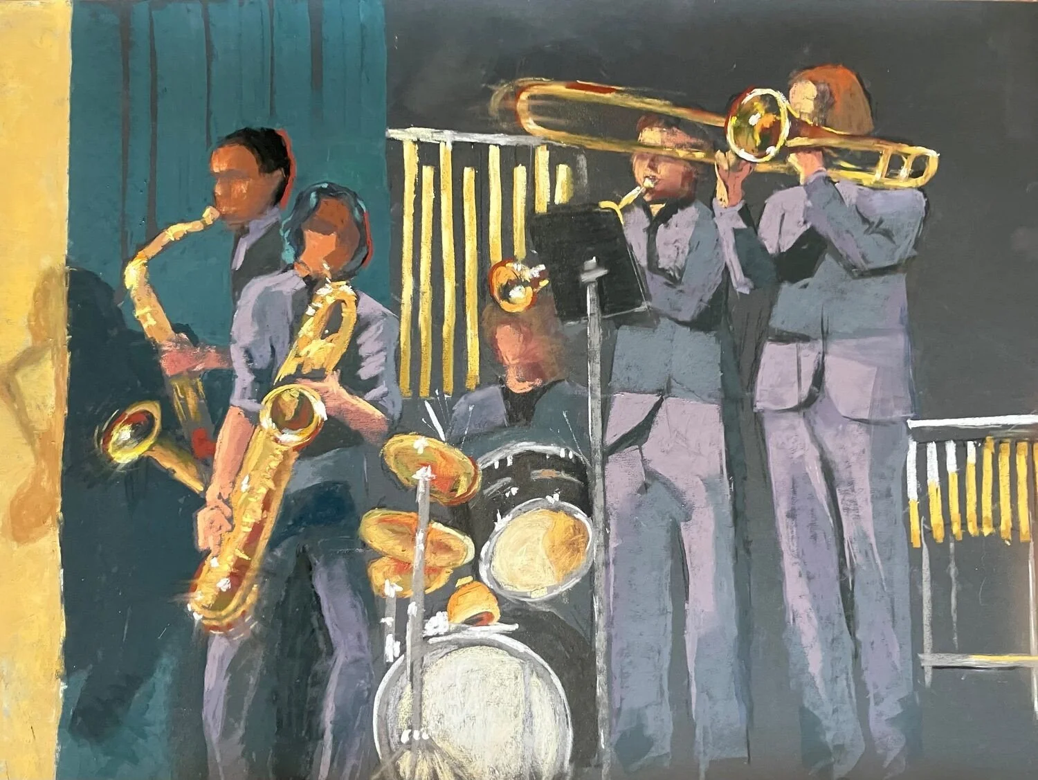 Honorable mention 
Joanne Turner, “Funky Town” 

“A striking choice of subject — musical themes rarely appear in pastel work, and the medium is handled with confidence here. The composition is ambitious in its complexity and holds together well.”
