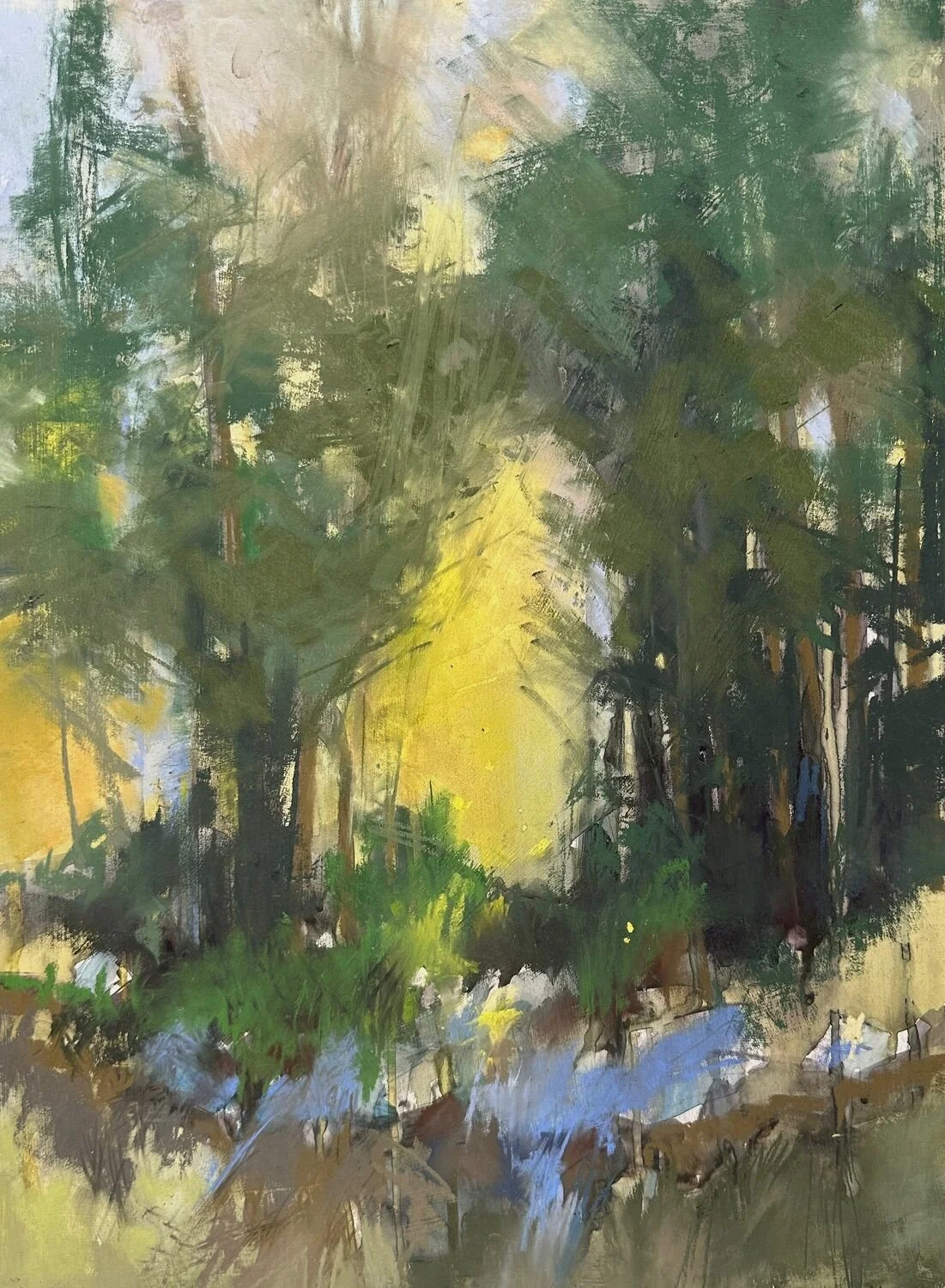 Second place  
Mary Rinderle Smith, “Finding the Light” 

“Deceptively difficult to achieve, this kind of loose execution requires as much discipline as precision work. Here it pays off — the light filtering through the trees feels natural and unforc