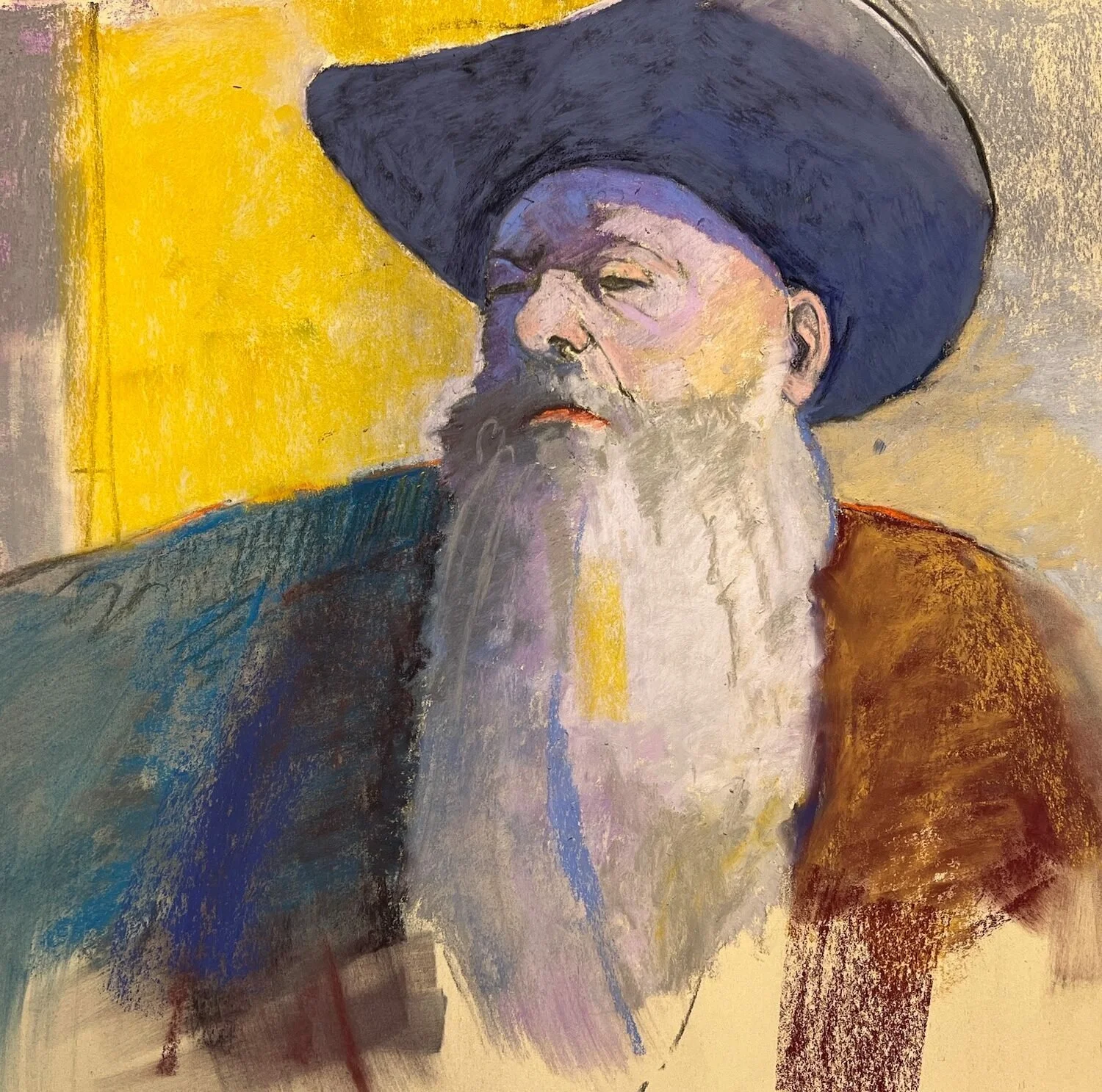 Honorable Mention, Ilana Reisner "Cowboy John" “The square format is skillfully used to position the focal point of the face within the surrounding large blocks of abstract shapes.  The primary color scheme elegantly mimics the simple abstract compos