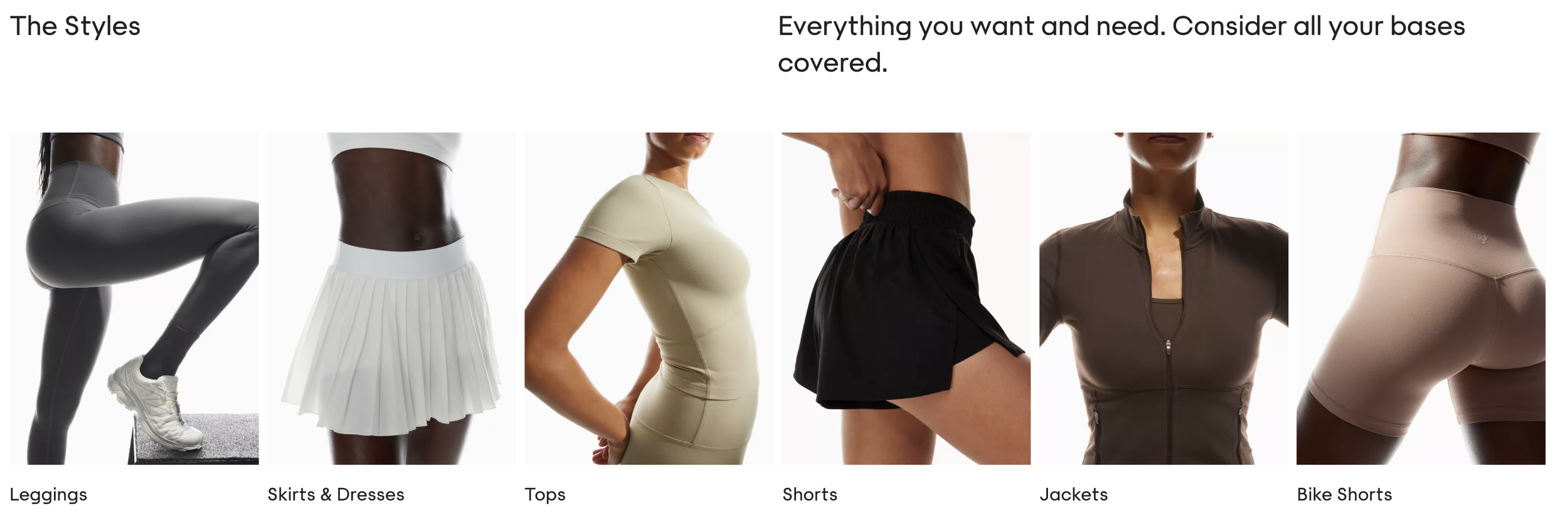 A collage of six images showing women's athletic and casual wear, including leggings, skirts & dresses, tops, shorts, jackets, and bike shorts.