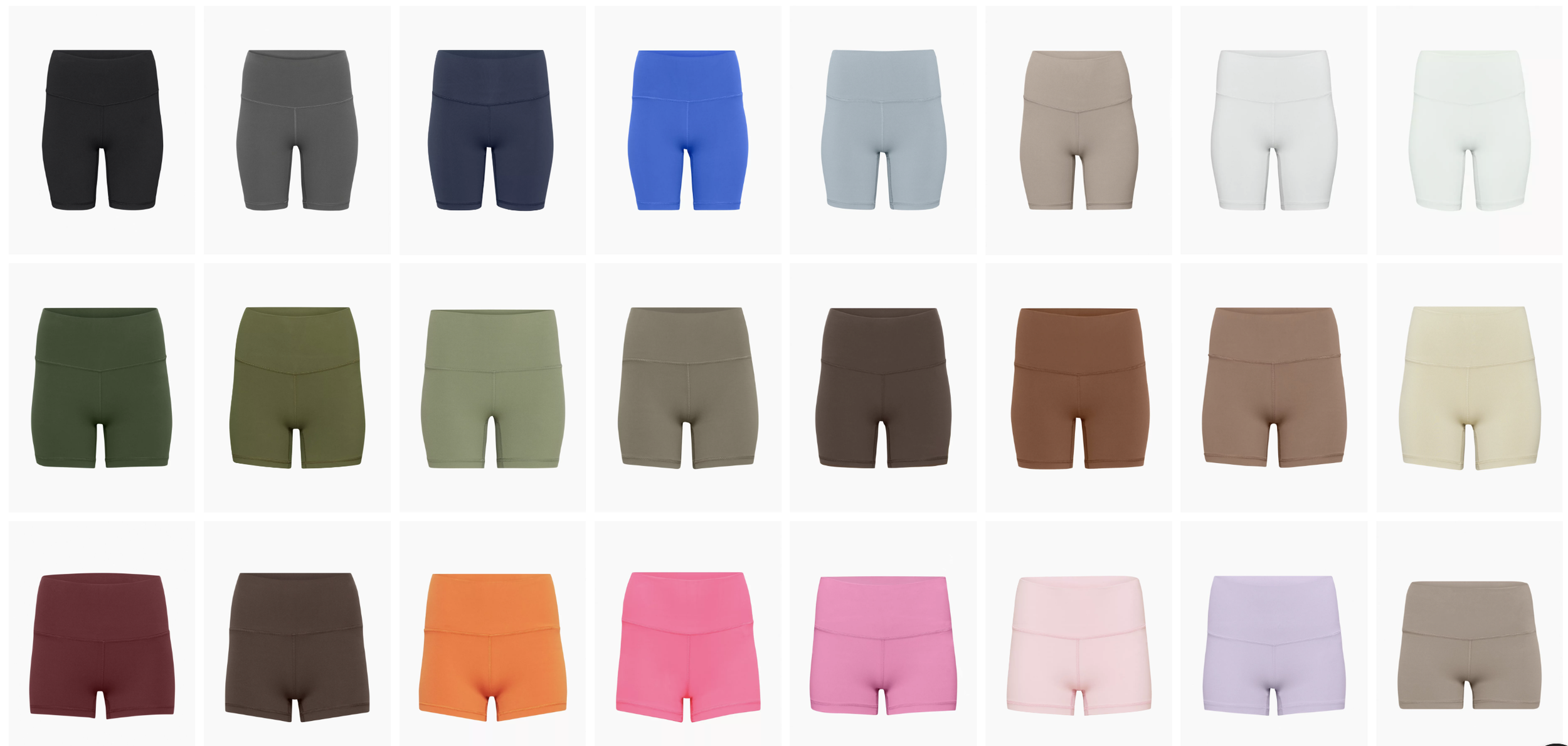 A grid of various colors of high-waisted shorts, including black, gray, blue, light blue, green, olive, taupe, brown, tan, cream, maroon, dark brown, orange, pink, lavender, and beige.