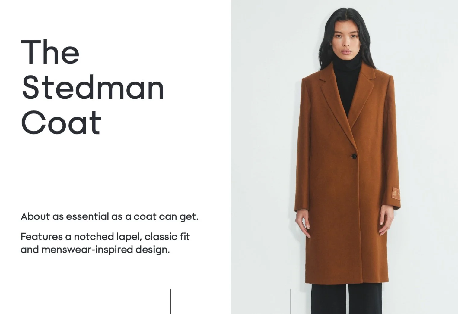 A woman modeling a brown tailored coat with a notched lapel, worn over a black turtleneck, against a light gray background.