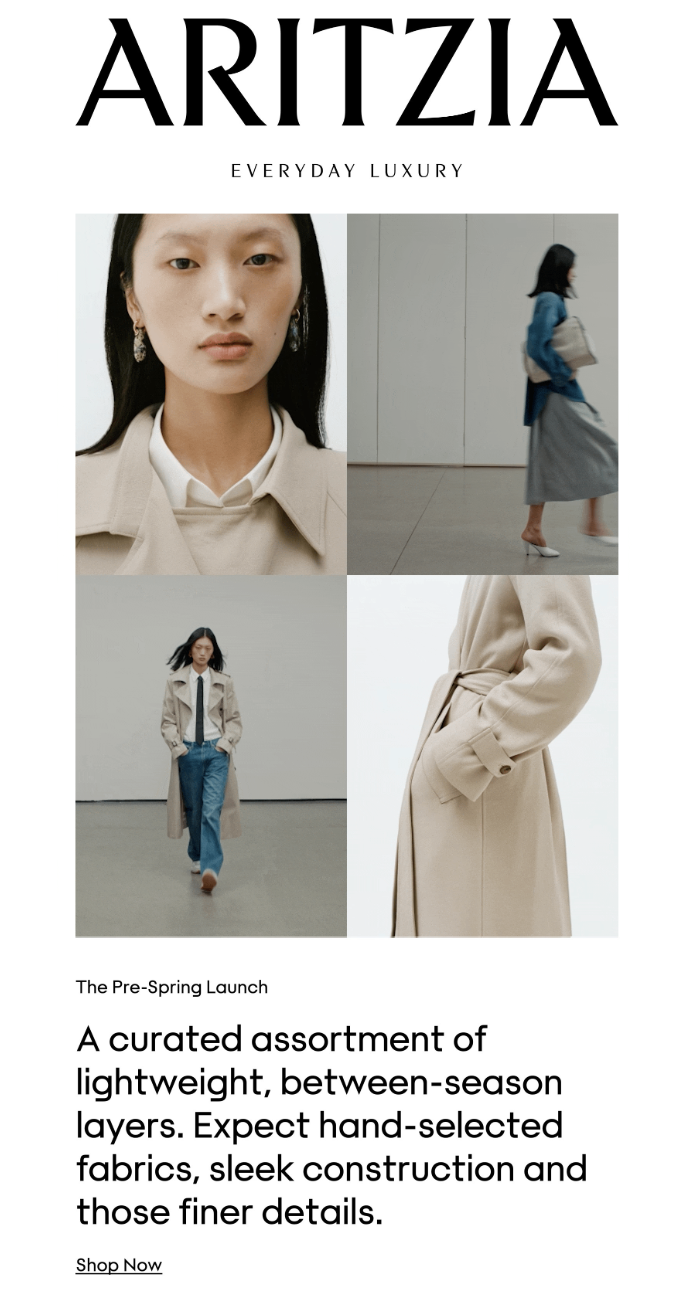 Fashion advertisement featuring four images of women wearing light, layered clothing like beige coats, with text promoting the Pre-Spring collection. The images showcase close-ups, side views, and full-body shots in minimalist settings.