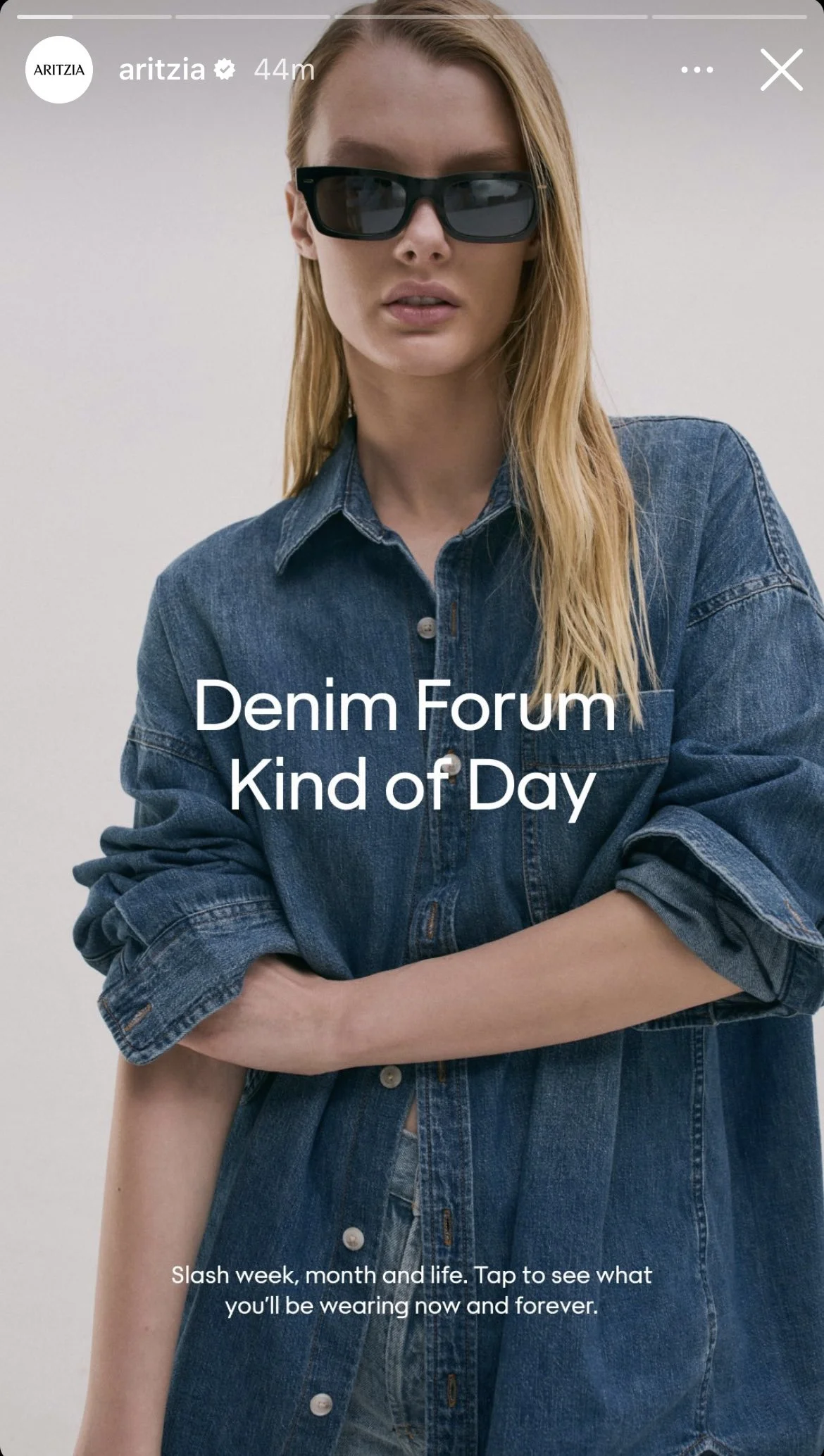 A woman with long blonde hair wearing sunglasses and a denim shirt looks at the camera against a plain background. Text overlay reads "Denim Forum Kind of Day" and additional small text promotes a style feature.