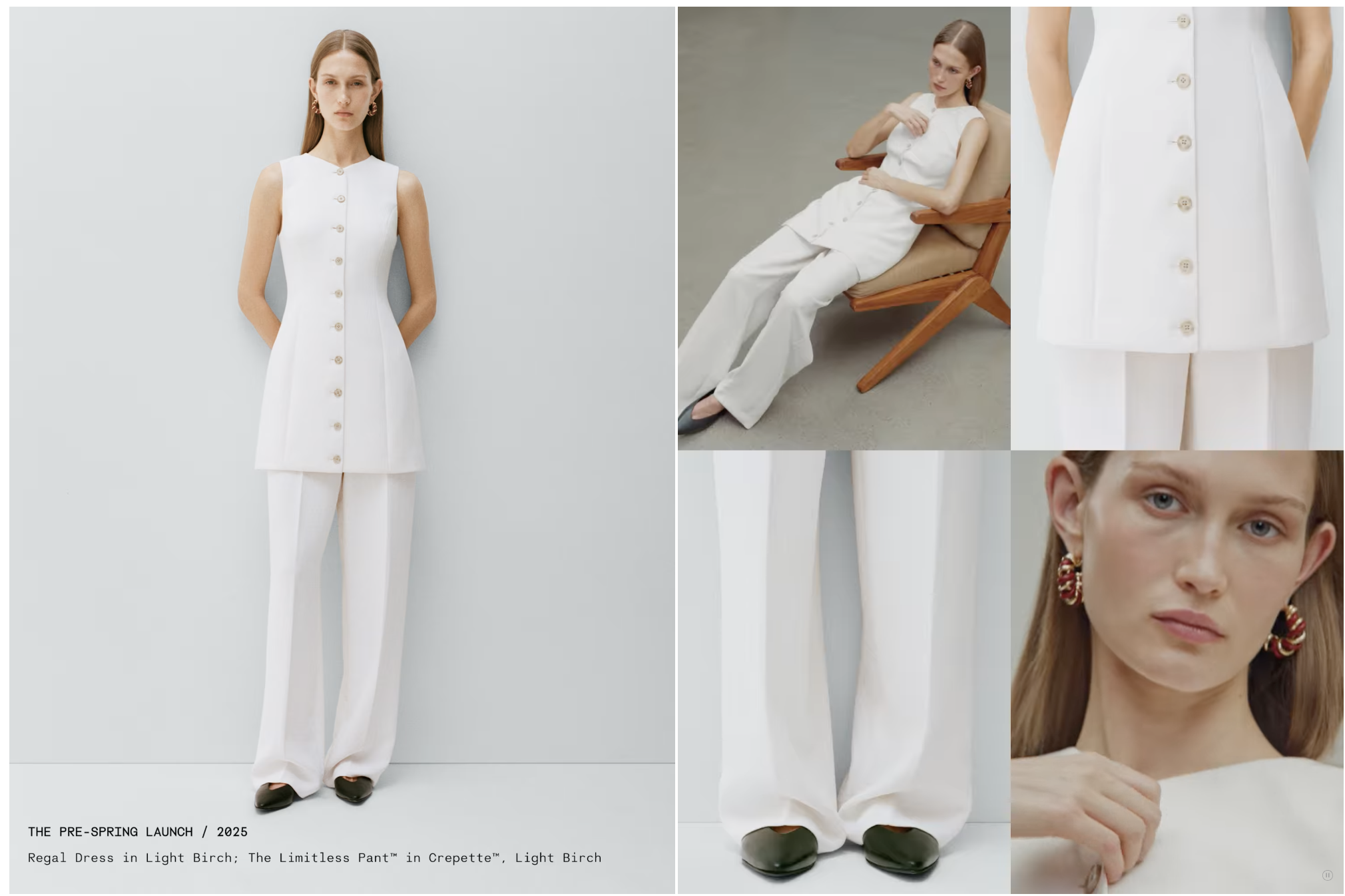 Multiple images of a female model in a white sleeveless dress and wide-leg pants, with close-up details of the clothing and accessories, including earrings and shoes.