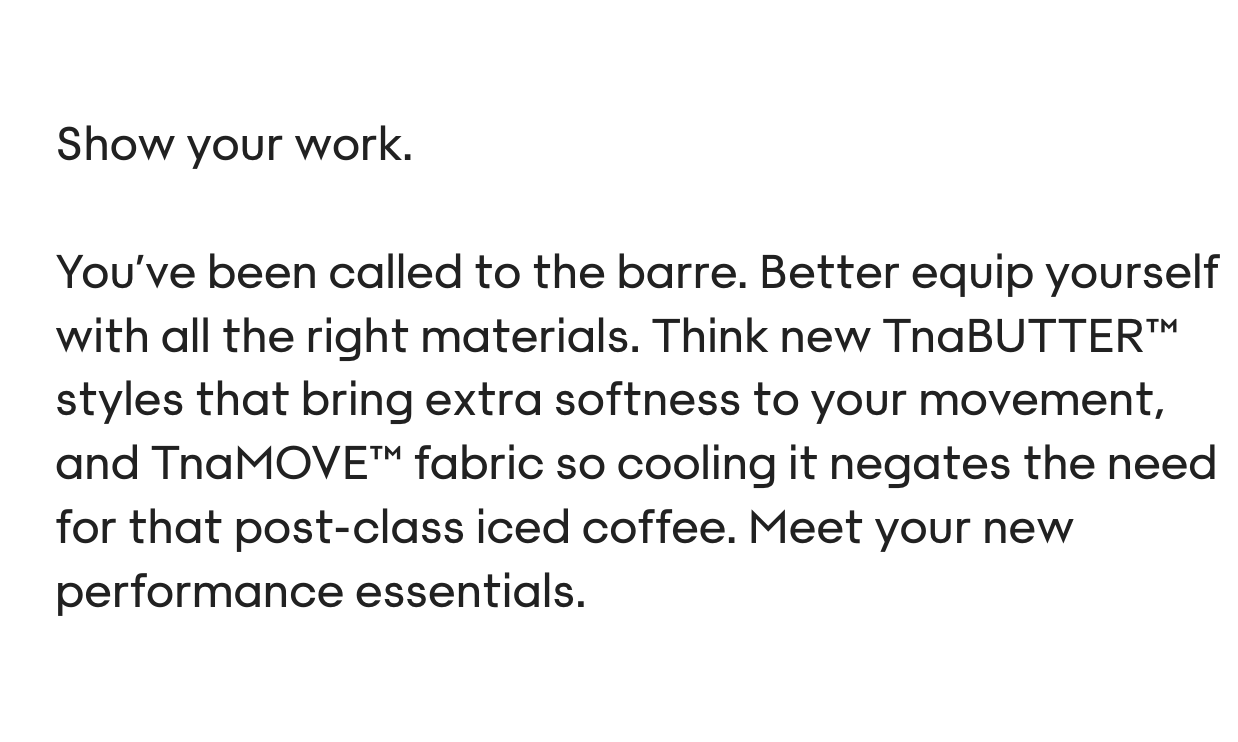 Text-based promotional or motivational message about workout gear and materials, emphasizing comfort, softness, and performance essentials.