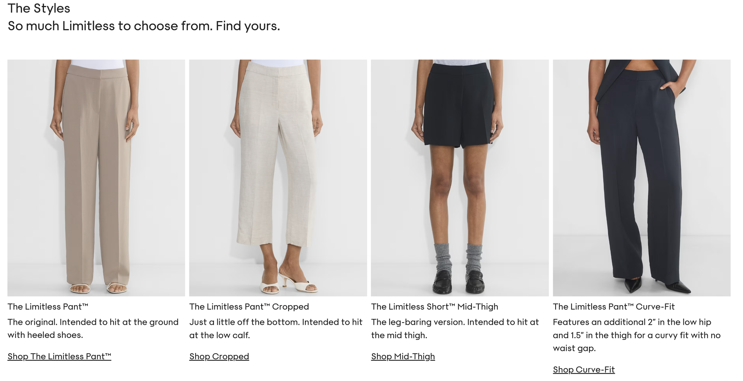 Collection of four women's pants styles, each worn by a model, with descriptions below. From left to right: beige full-length pants, light-colored cropped pants, black mid-thigh shorts, and navy curve-fit pants with a blazer. All are styled for different looks.