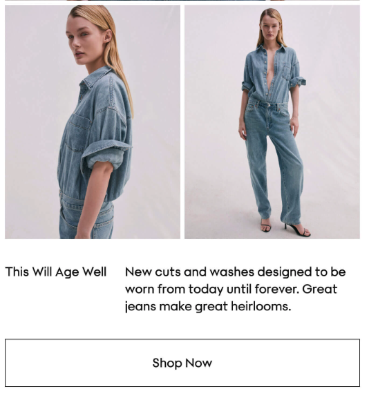 A woman wearing a light blue denim shirt with rolled-up sleeves and matching jeans, standing against a plain white background, modeling the outfit in both a close-up side view and a full-body front view.
