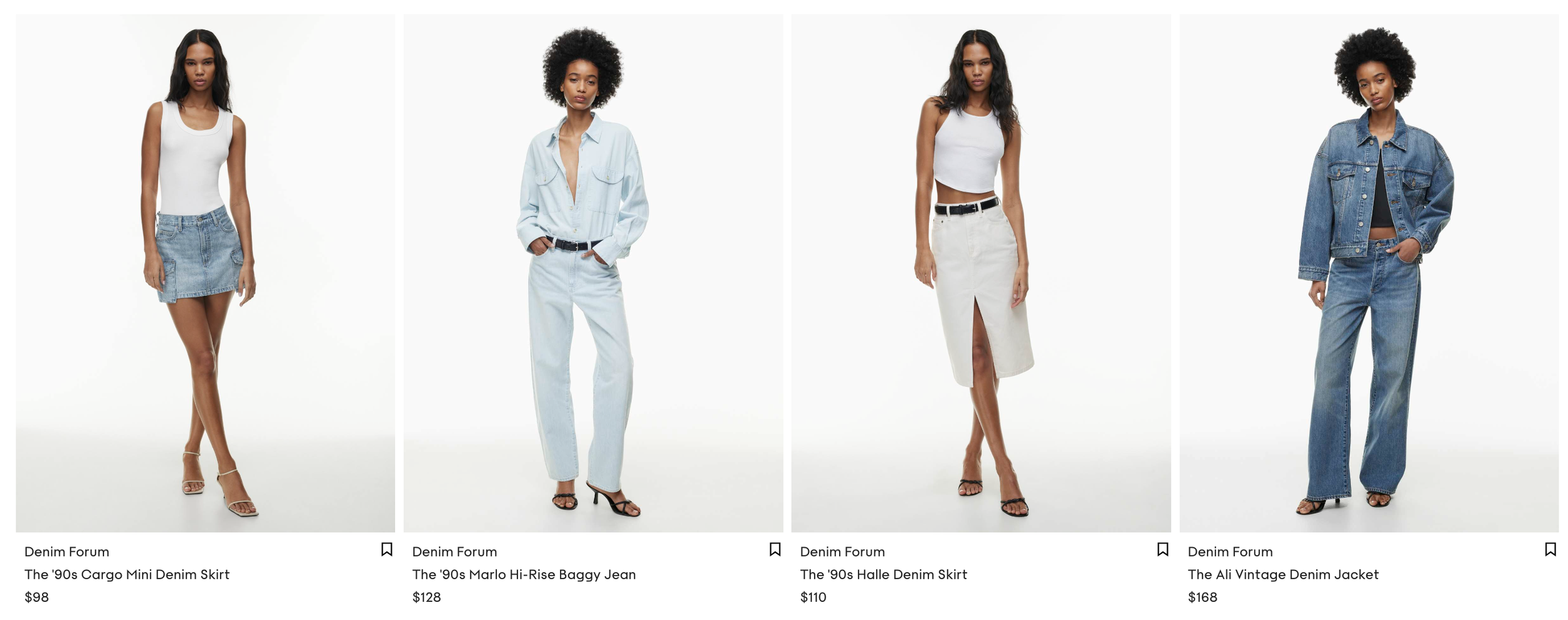 Four women modeling different denim skirts, jeans, and a jacket against a white background.