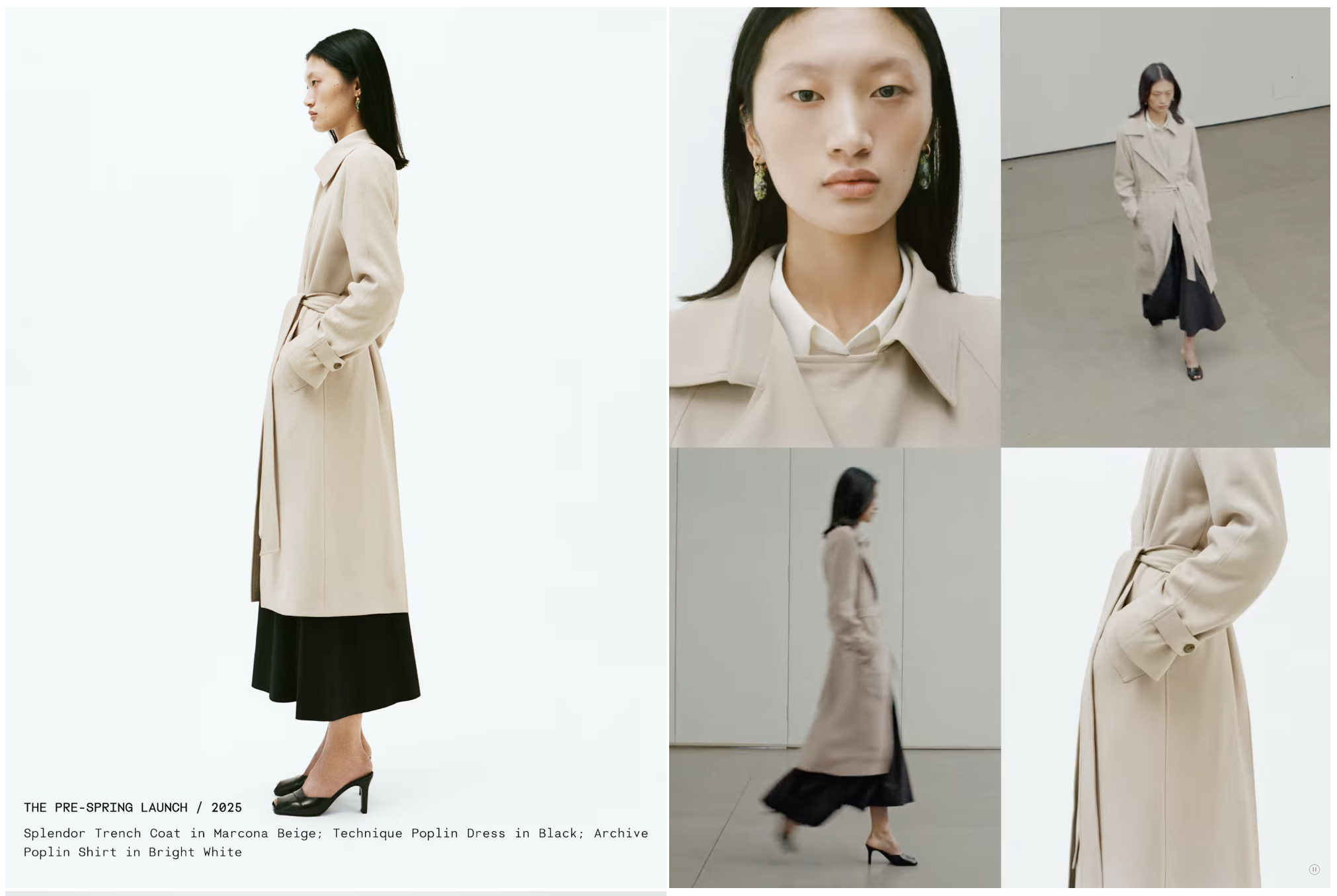 Collage of five images showcasing a fashion model wearing a beige trench coat, black dress, white shirt, and black high heels. The model is seen in various poses, including close-up, walking, and profile views against minimalist backgrounds. Text indicates these are looks from a pre-spring 2025 fashion launch featuring a trench coat in marcona beige, a black Technique Poplin Dress, and a bright white poplin shirt.