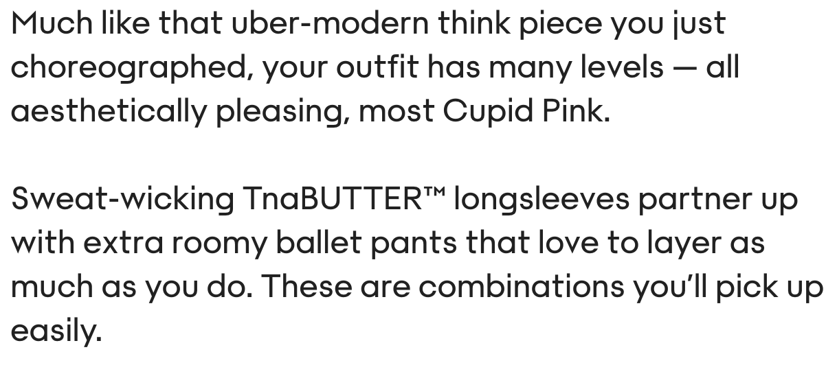Text describing a fashionable outfit with a playful tone, mentioning Cupid Pink, TaeBUTTER long sleeves, and extra roomy ballet pants.