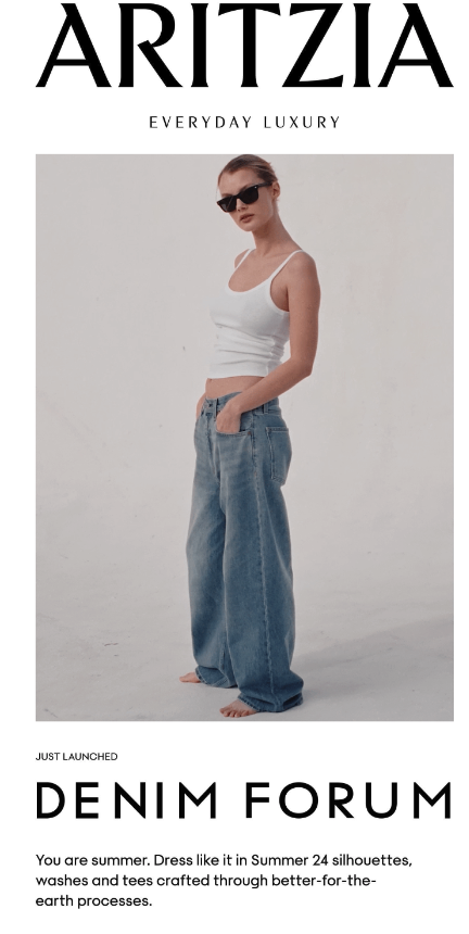 Fashion advertisement for Aritzia featuring a woman in a white crop top, loose-fitting jeans, and sunglasses, with text about a denim forum and summer style.