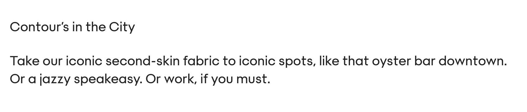 Text excerpt discussing iconic second-skin fabric for spots and work, with no image content