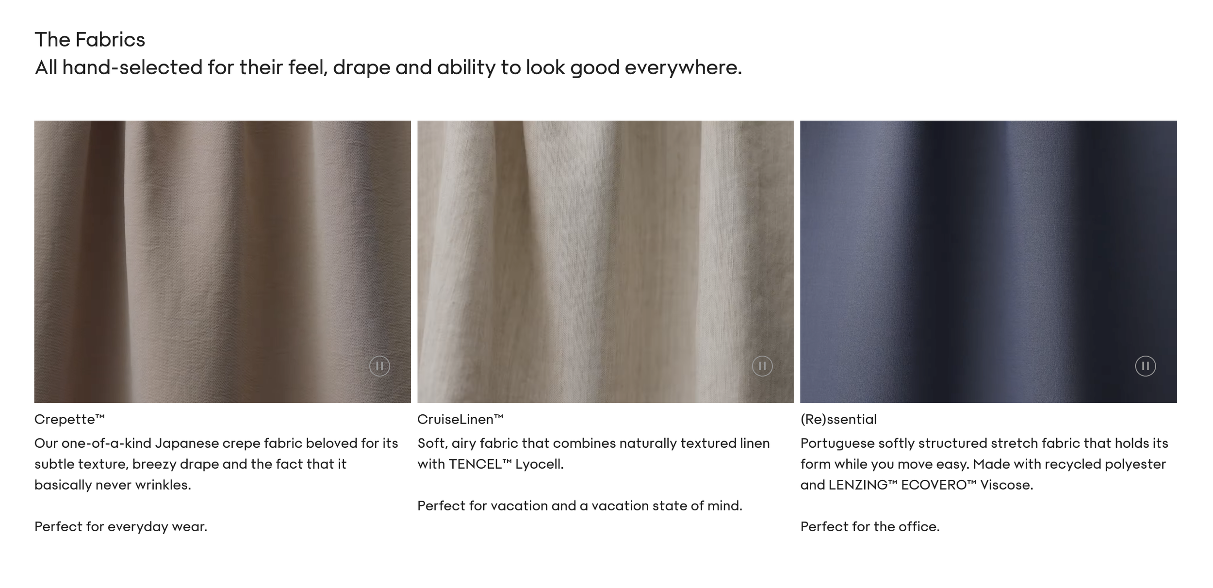 A selection of three fabric swatches labeled as Crepette, CruiseLinen, and (Re)sential, with descriptions highlighting their textures and recommended uses.