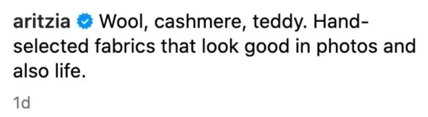 A social media post about textiles, mentioning wool, cashmere, and teddy fabric.