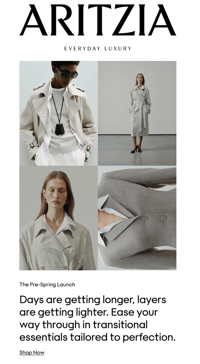 Advertisement for ARITZIA's pre-spring collection featuring four models in neutral-toned transitional fashion, including trench coats and layered outfits, with text emphasizing longer days and lighter layers.