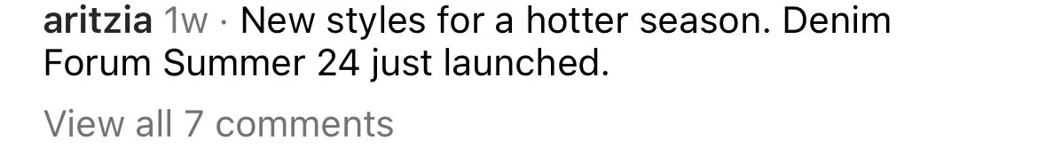 Text from a social media post announcing new denim styles for summer, with a link to view comments.