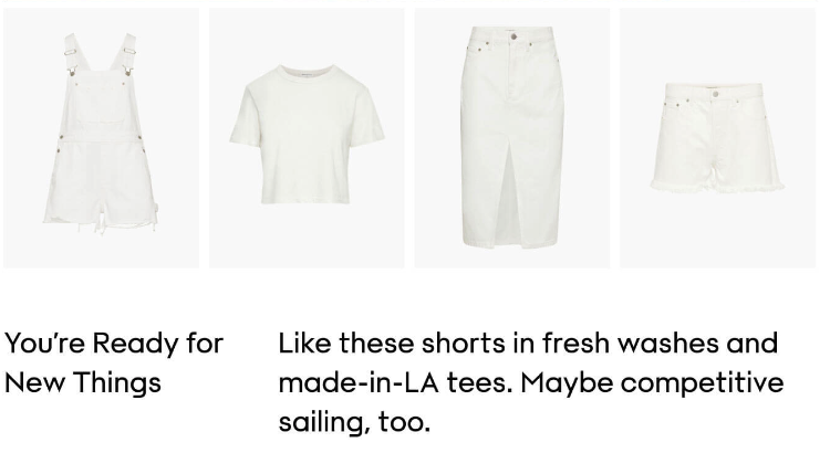 Three white clothing items: overalls, T-shirt, and shorts, with text about ready for new things and small image of a skirt.