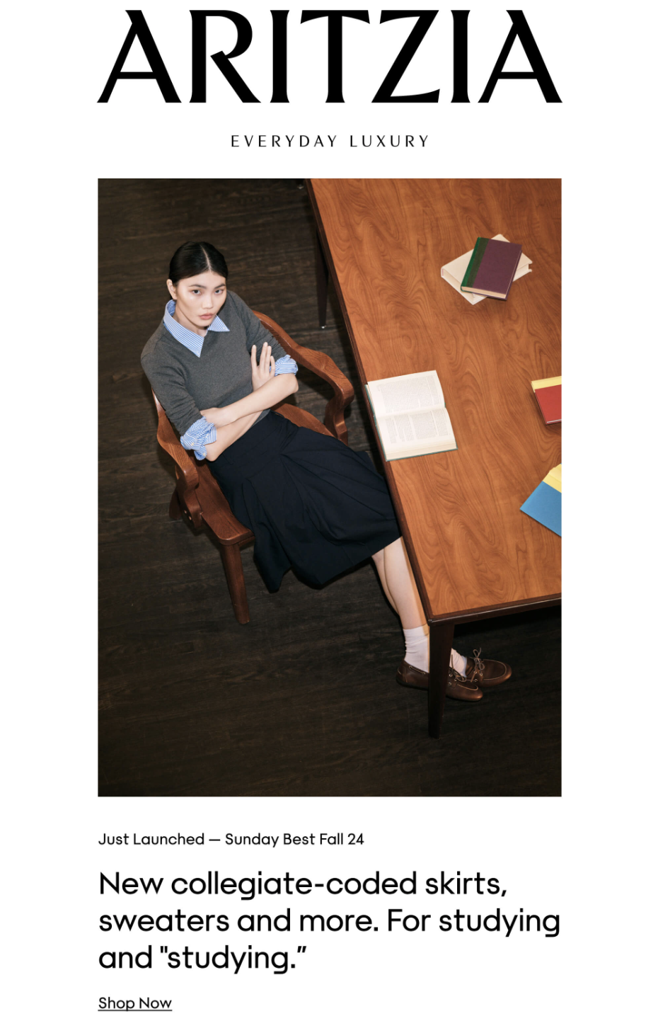 Magazine cover with the title 'ARITZIA' and subtitle 'EVERYDAY LUXURY'. A young woman sits at a wooden table with books and notebooks, wearing a college-inspired outfit with a gray sweater, blue collared shirt, navy skirt, and brown shoes.