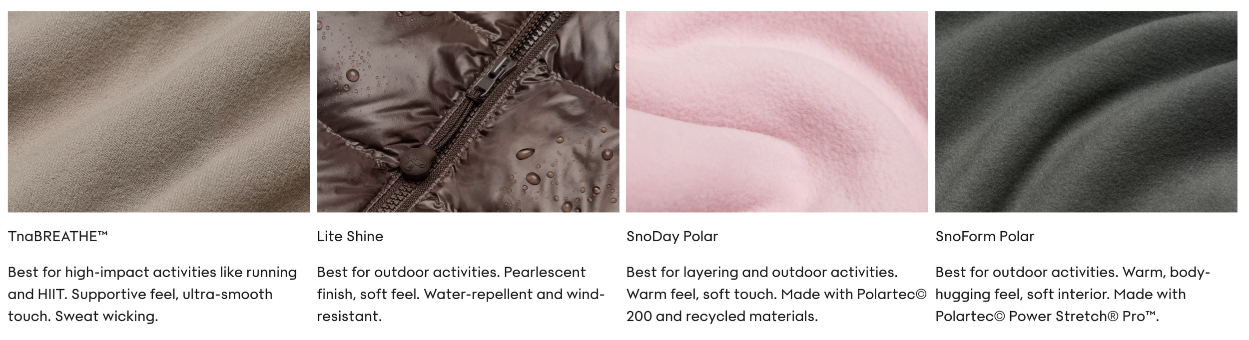 Close-up images of different fabric textures and materials, including beige, water-resistant brown, pink, and dark gray fabrics, with descriptions of their qualities and uses.