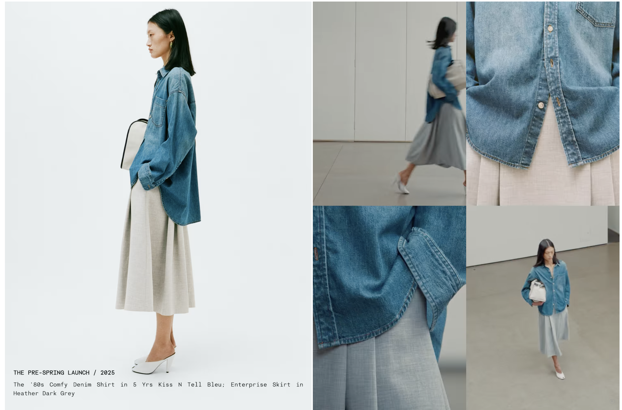 Fashion photos of a woman wearing an oversized blue denim shirt, a light grey midi skirt, and white high heels, showing different angles and details of the outfit