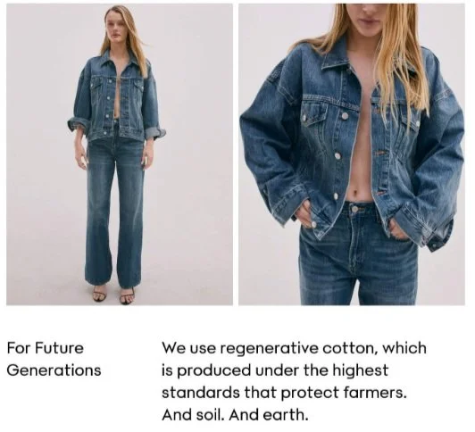 Side-by-side photos of a woman wearing a denim jacket and jeans. The first photo shows her full body and the second is a close-up of her upper body with hands in pockets.