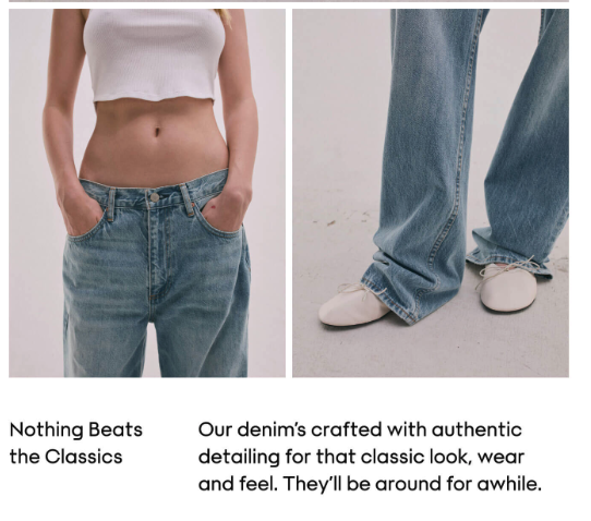 Close-up of a woman's midsection wearing a white cropped top and loose blue jeans, with another image of the lower part of a person in baggy blue jeans and white sneakers. Text promotes authentic denim made with crafted detailing.