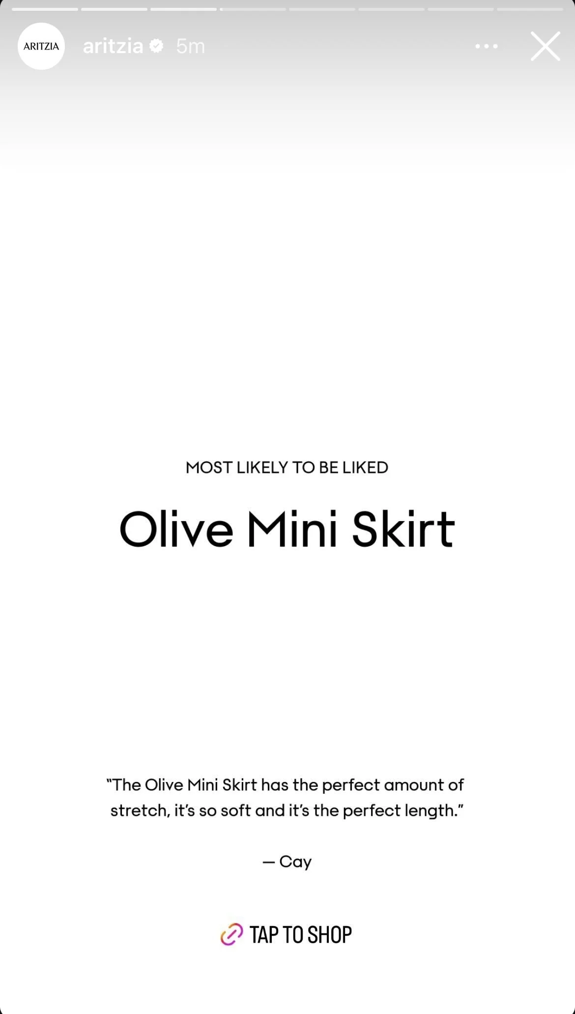 Text image with the headline "Most Likely to Be Liked: Olive Mini Skirt" and a quote: "The Olive Mini Skirt has the perfect amount of stretch, it's so soft and it's the perfect length."