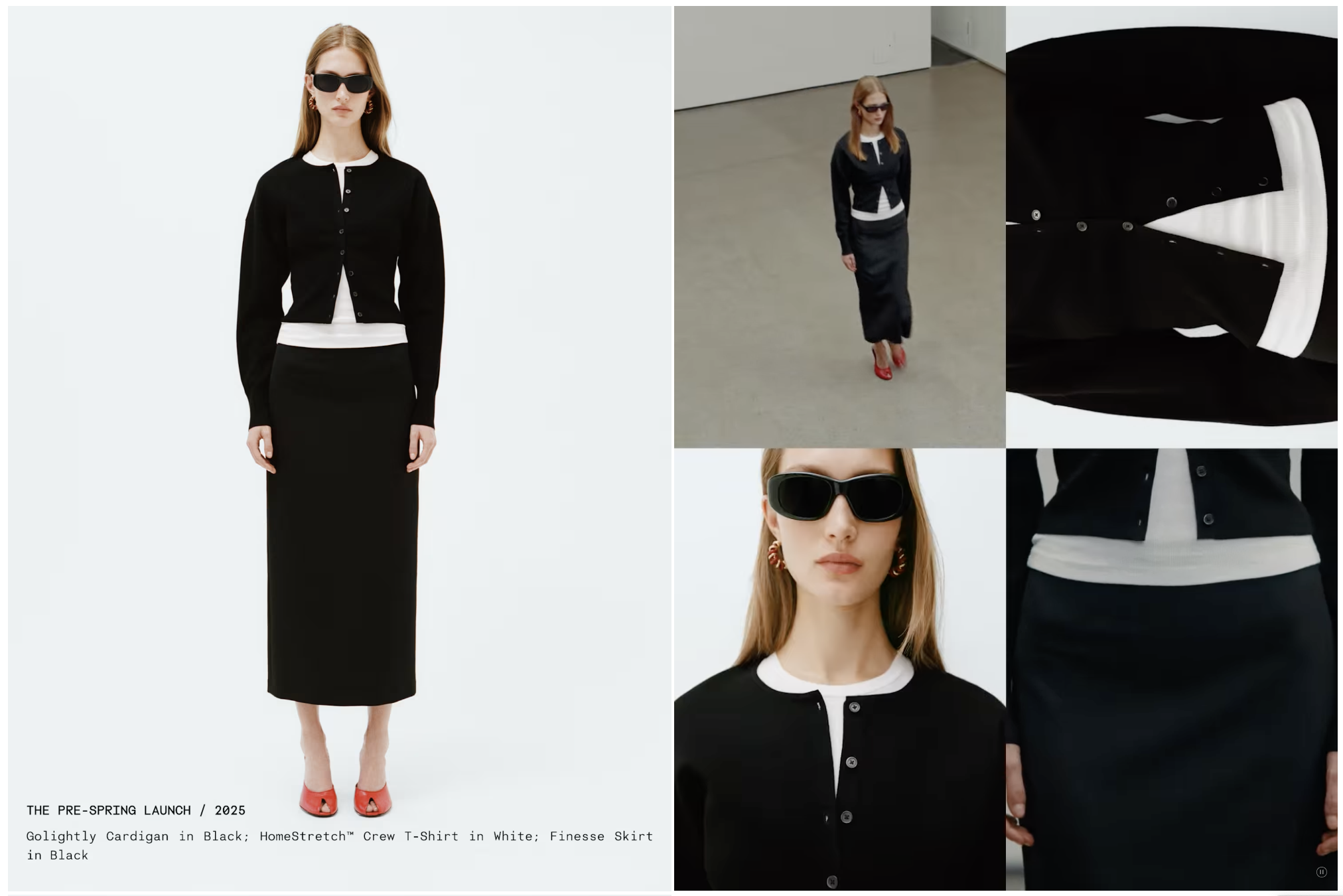 Fashion photos featuring a woman with red hair and sunglasses wearing a black cardigan, white T-shirt, and black skirt. Close-up of black cardigan and white T-shirt, with person walking in red heels and black skirt, and another close-up of woman wearing black sunglasses and earrings.