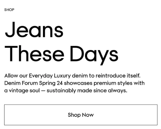 Advertisement for Jeans, promoting luxury denim with vintage style, featuring a 'Shop Now' button.