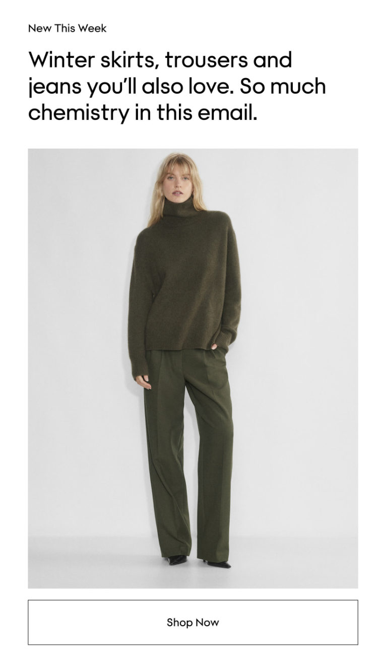 Email advertisement featuring a woman in a khaki turtleneck sweater and matching wide-leg trousers, promoting winter skirts, trousers, and jeans.