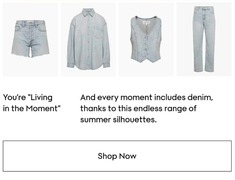Three pairs of light-wash denim clothing items: shorts, jeans, and a vest, along with a long-sleeve button-up shirt, all arranged in sequence for summer fashion.