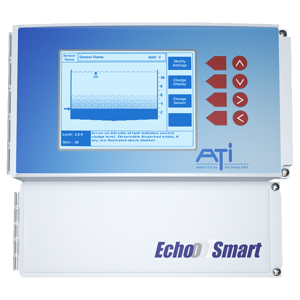 A digital display screen on a blue and white industrial device showing a graph, sensor information, and control buttons, labeled ATI Analytical Technology and Echo Smart.