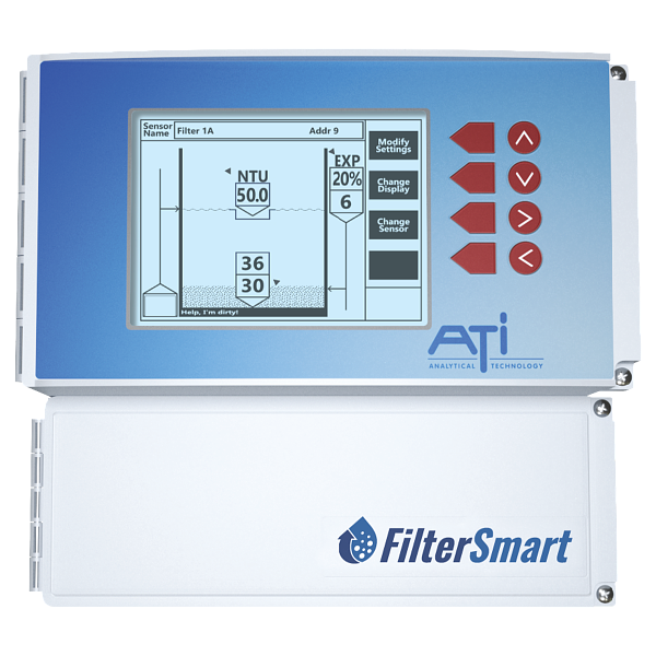 A digital control panel displaying a water filtration system with parameters such as NTU level, filter setting, and sensor values on an LCD screen. The panel has red arrow buttons for navigation and adjustment, and branding for ATI and FilterSmart.