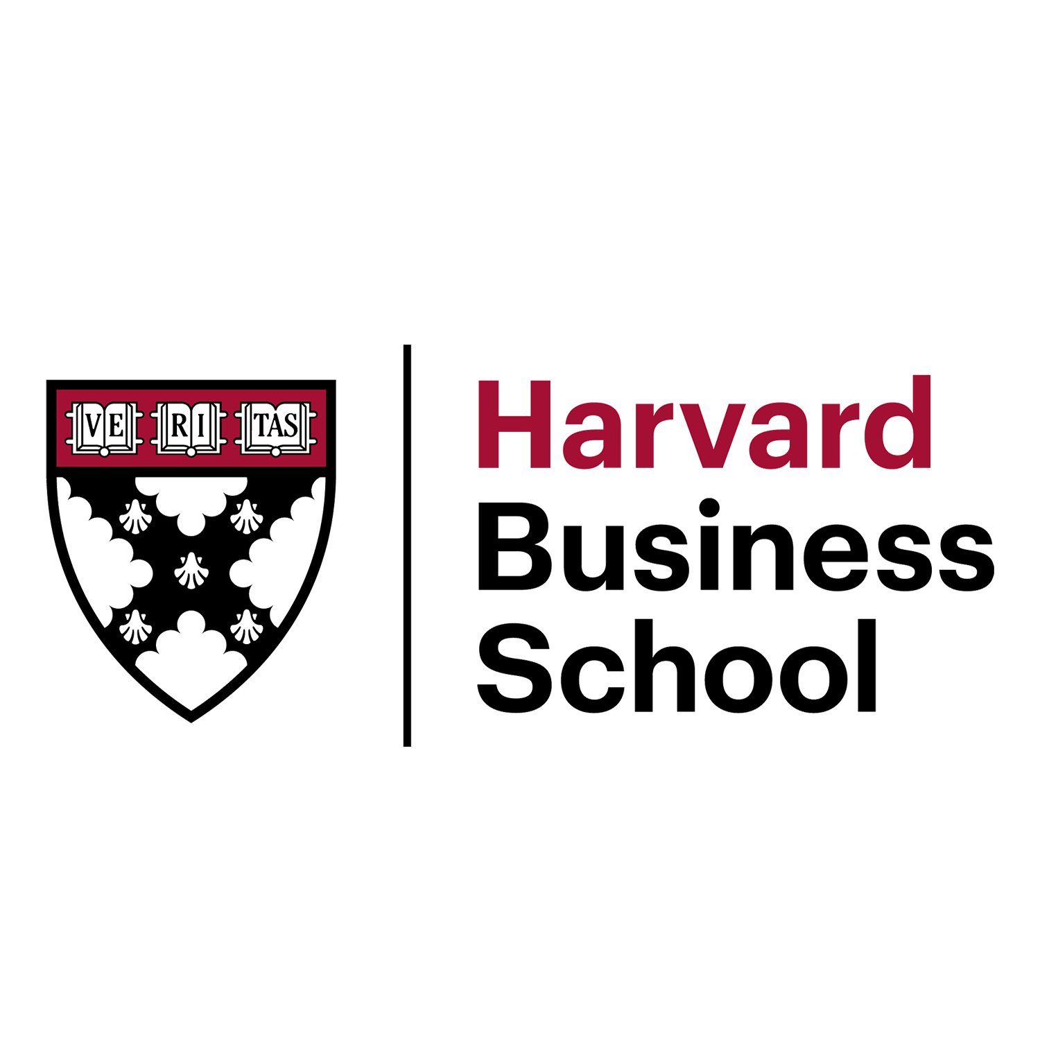 Harvard Business School logo with shield and text in black and burgundy colors.