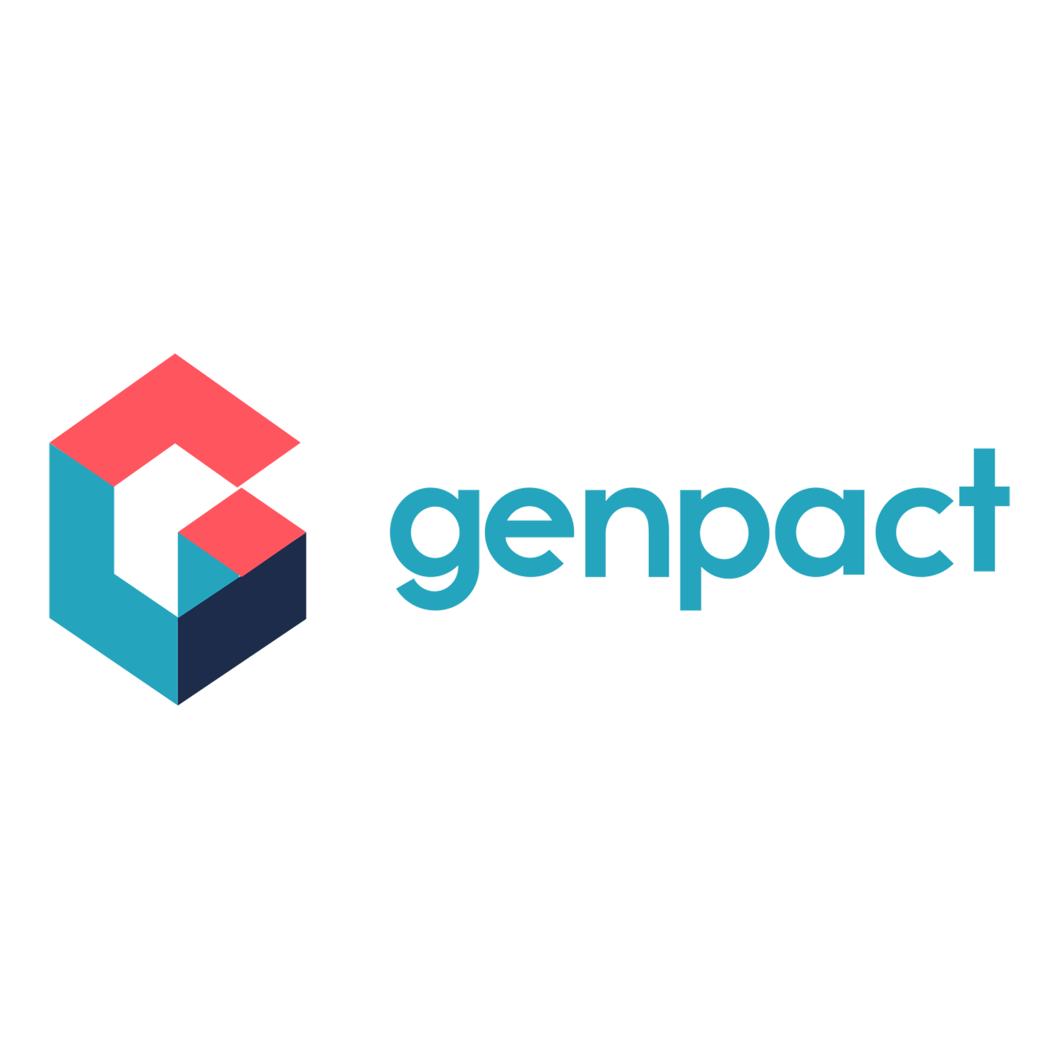 Genpact logo featuring a 3D geometric cube with pink, blue, and dark blue sides and the word "genpact" in lowercase blue letters.