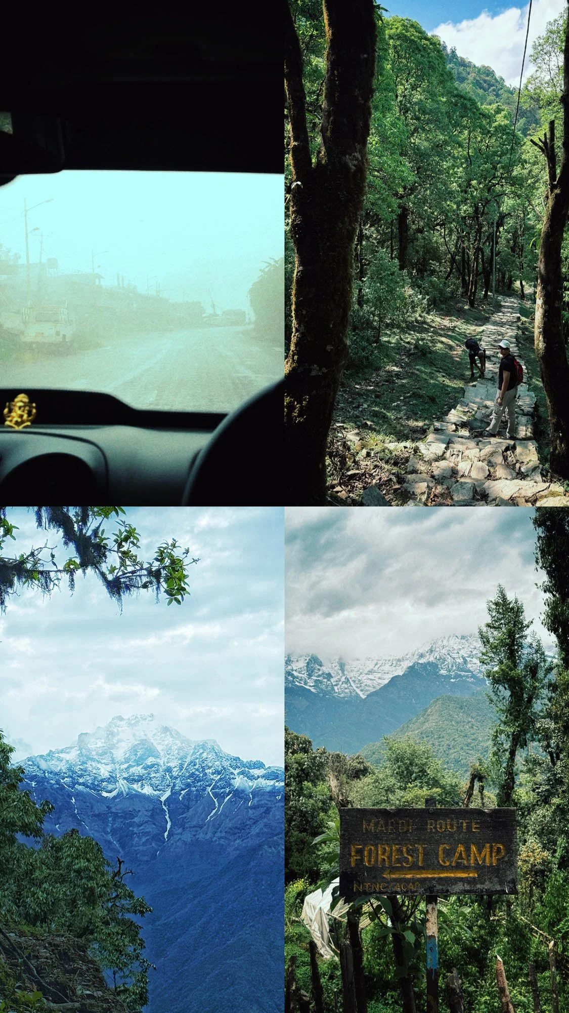 A collage of four photos: the top left shows a foggy road seen from inside a vehicle; the top right shows two hikers walking on a rocky trail in a lush forest; the bottom left features snow-capped mountains with a cloudy sky; the bottom right display