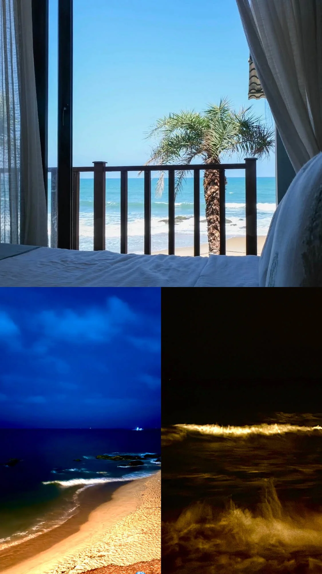 A collage of four images: the top shows a bedroom with a view of the ocean and a palm tree, the bottom left depicts a night scene of a dark ocean with a small boat, and the bottom right features a nighttime scene of waves crashing onto a rocky shore.