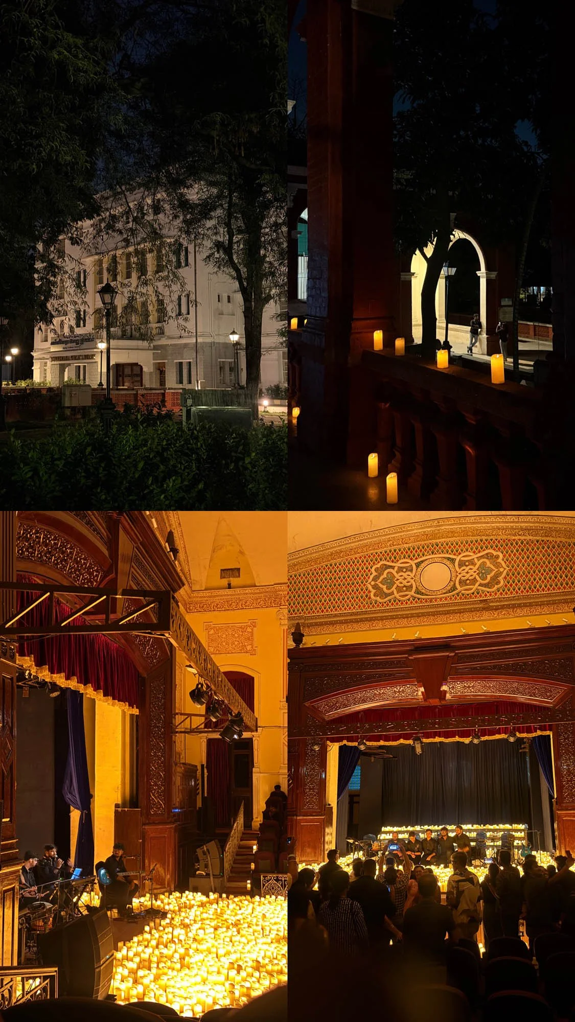 A collage of four images showing scenes from a candlelit dinner or event at a theater or performance hall, featuring candles, an ornate interior, and a stage with a group of performers.