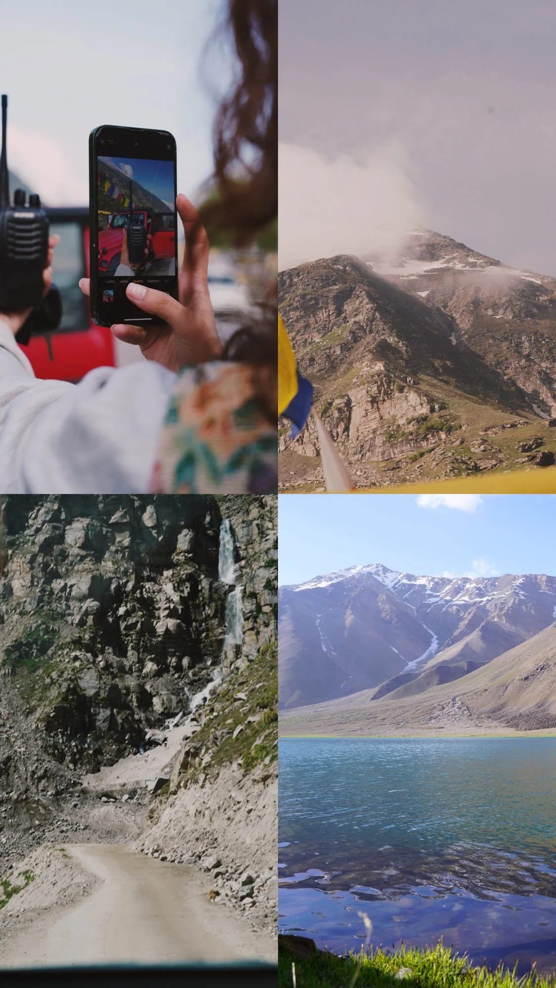 A collage of four landscape photographs featuring mountains, a waterfall, a lake, and a dirt road, with a person taking a photo of a red vehicle on a mountain road.