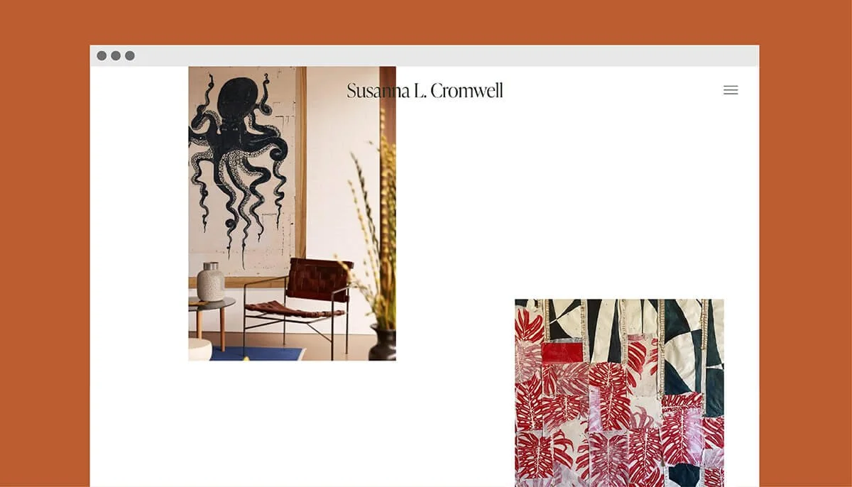 Interior design website screenshot featuring a room with an octopus wall hanging, a wicker chair, and a vase on a side table. There is also an abstract red and black patterned artwork.