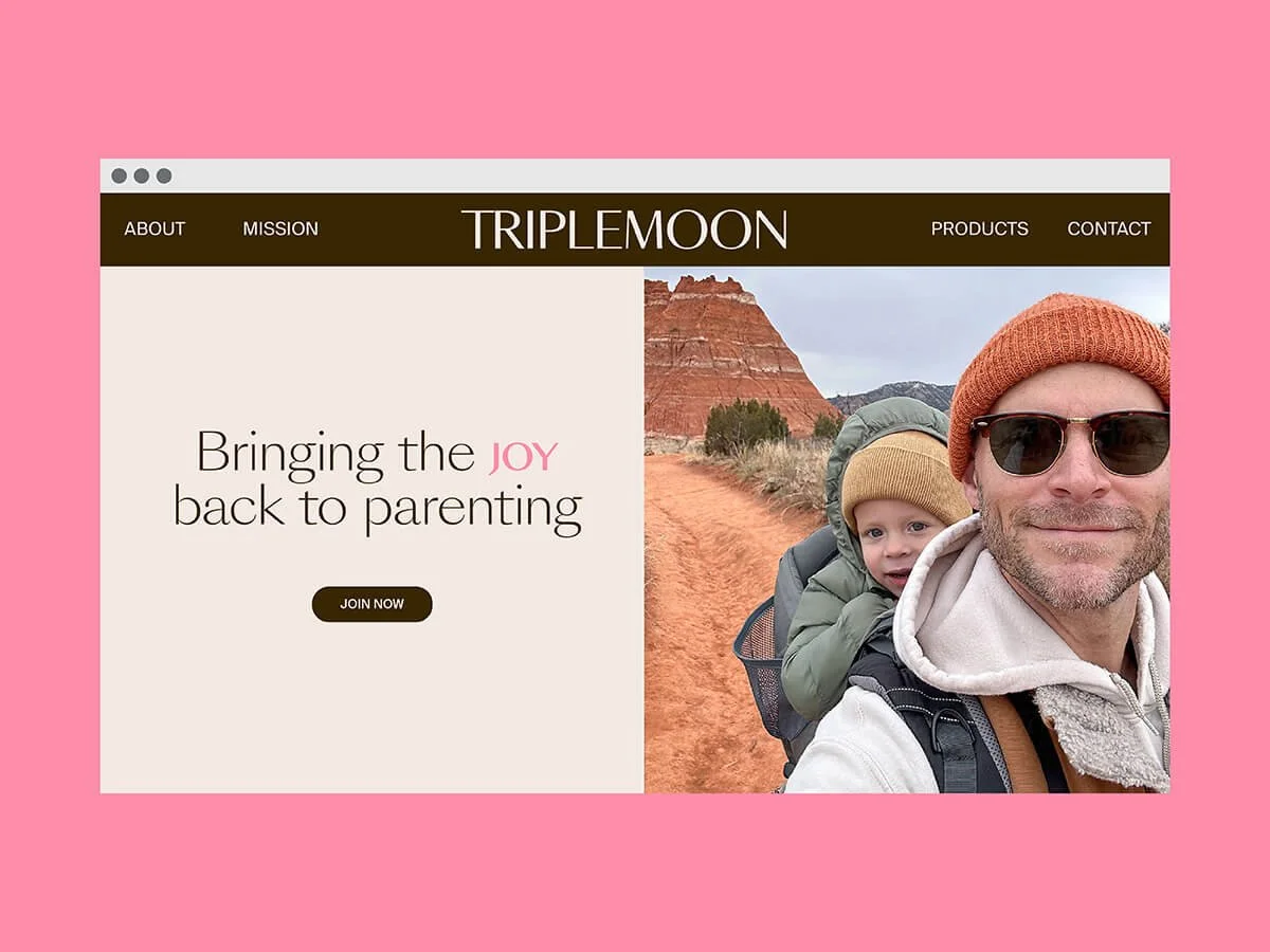 Screenshot of the Triplemoon website homepage featuring a man carrying a child on a hiking trail with a header saying 'Bringing the joy back to parenting.' Options in the menu include About, Mission, Products, and Contact. There's a 'Join Now' button.