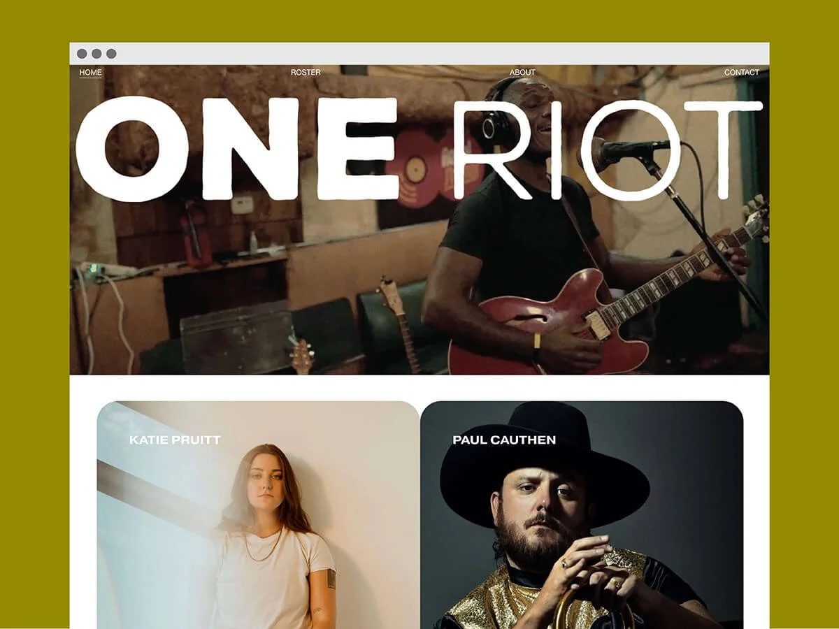 Screenshot of a website featuring musical artists. The homepage shows a man playing guitar and singing into a microphone, with the text "ONE RIOT". Below, there are images of two artists: Katie Pruitt and Paul Cauthen.