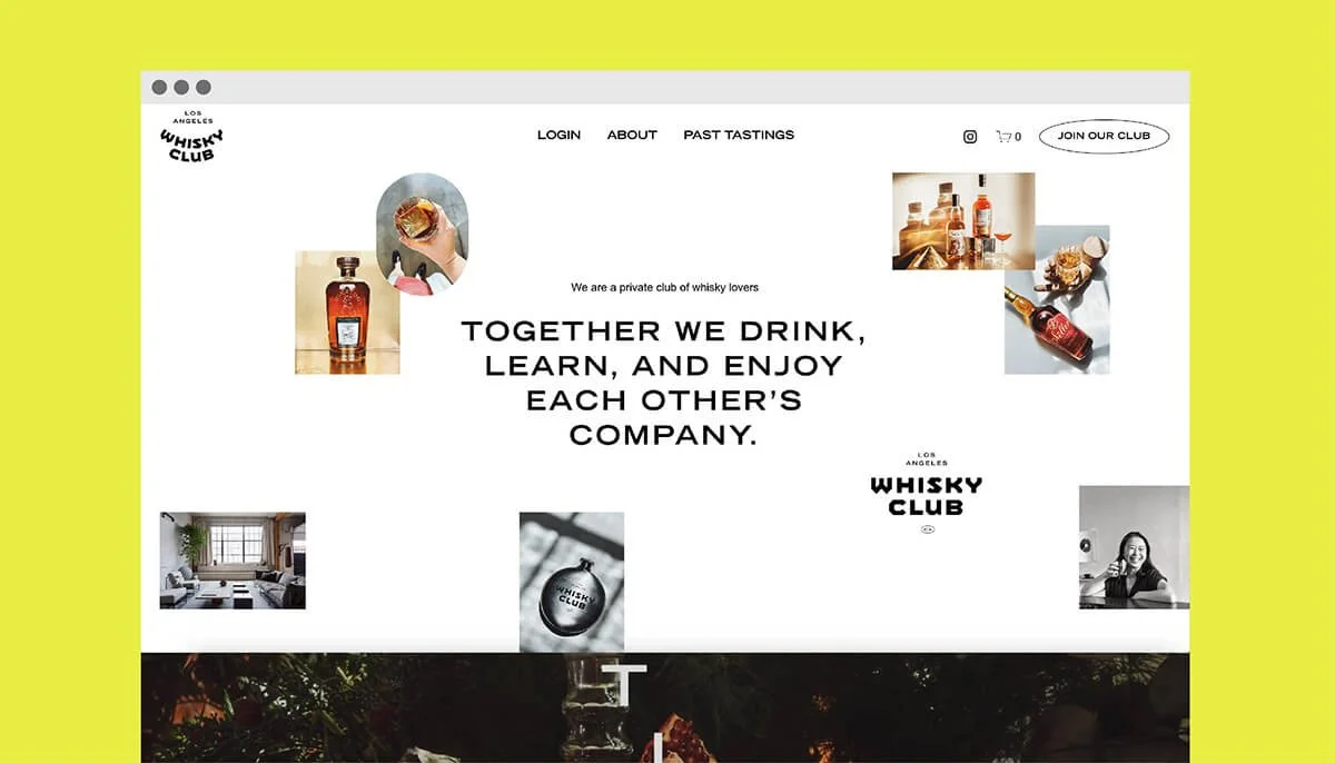 Webpage of Los Angeles Whisky Club with images of whisky bottles, a glass of whisky, a person smiling, and a cozy room; includes text about enjoying whisky together.