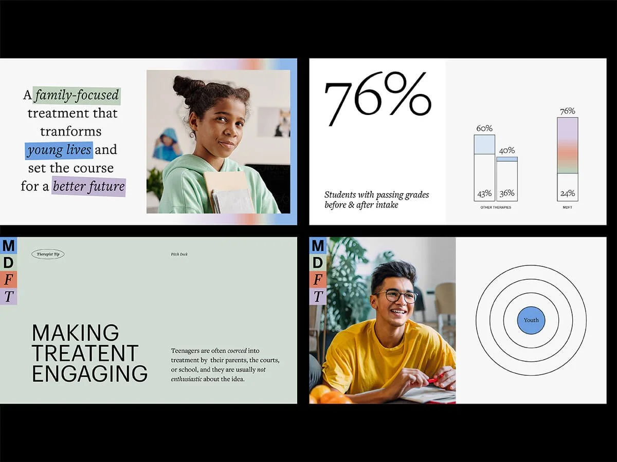 Presentation slides showcasing a family-focused treatment program. Top left: girl smiling, text about transforming young lives. Top right: infographic showing 76% of students with passing grades pre- and post-treatment. Bottom left: text emphasizing engaging treatment for teenagers. Bottom right: circular chart highlighting 'Youth' at the center.
