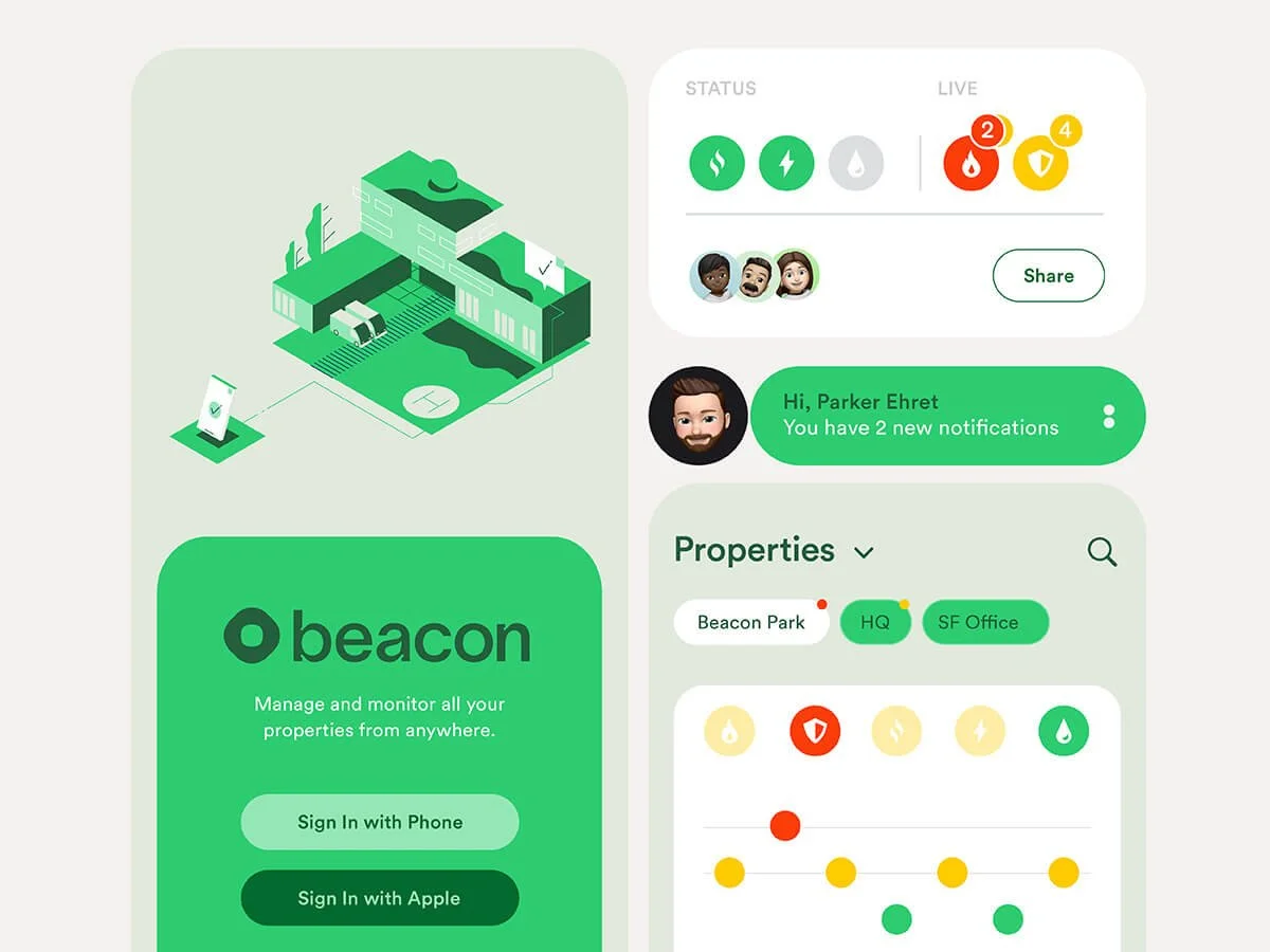 Illustration of a property management app interface, labeled 'Beacon.' Features include an isometric property diagram, status indicators, user notifications, sign-in options, and property location settings.