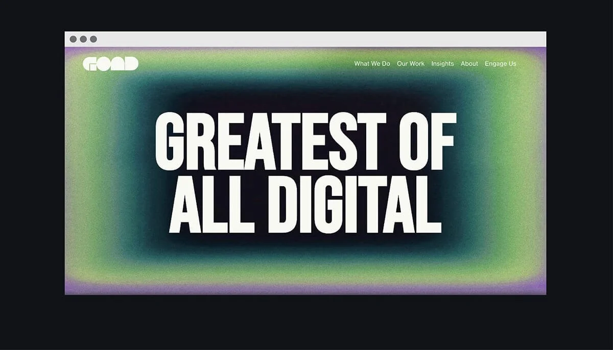 Gradient background with the text 'GREATEST OF ALL DIGITAL' in bold white font, website navigation bar at the top.
