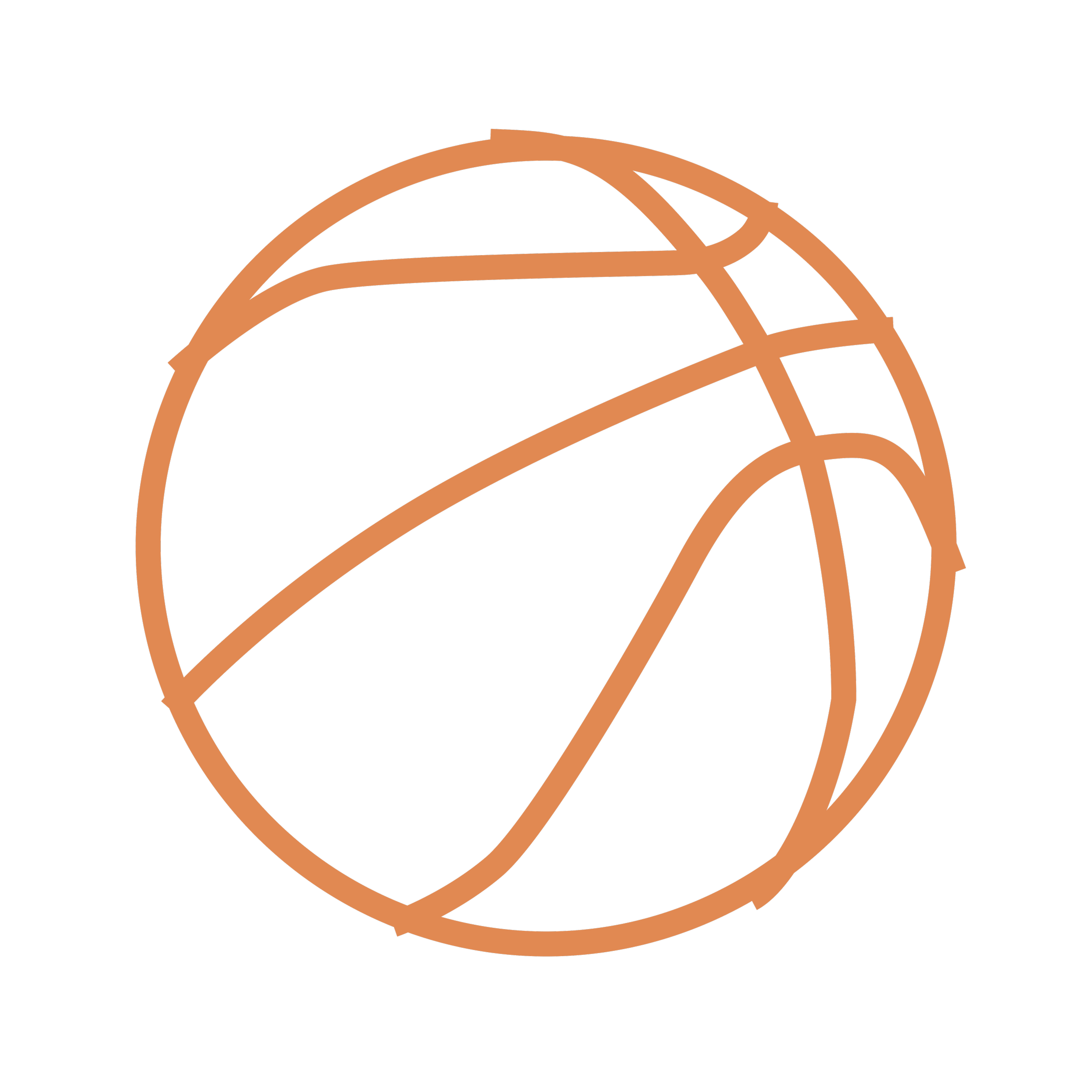 Line drawing of a basketball in orange on a black background.