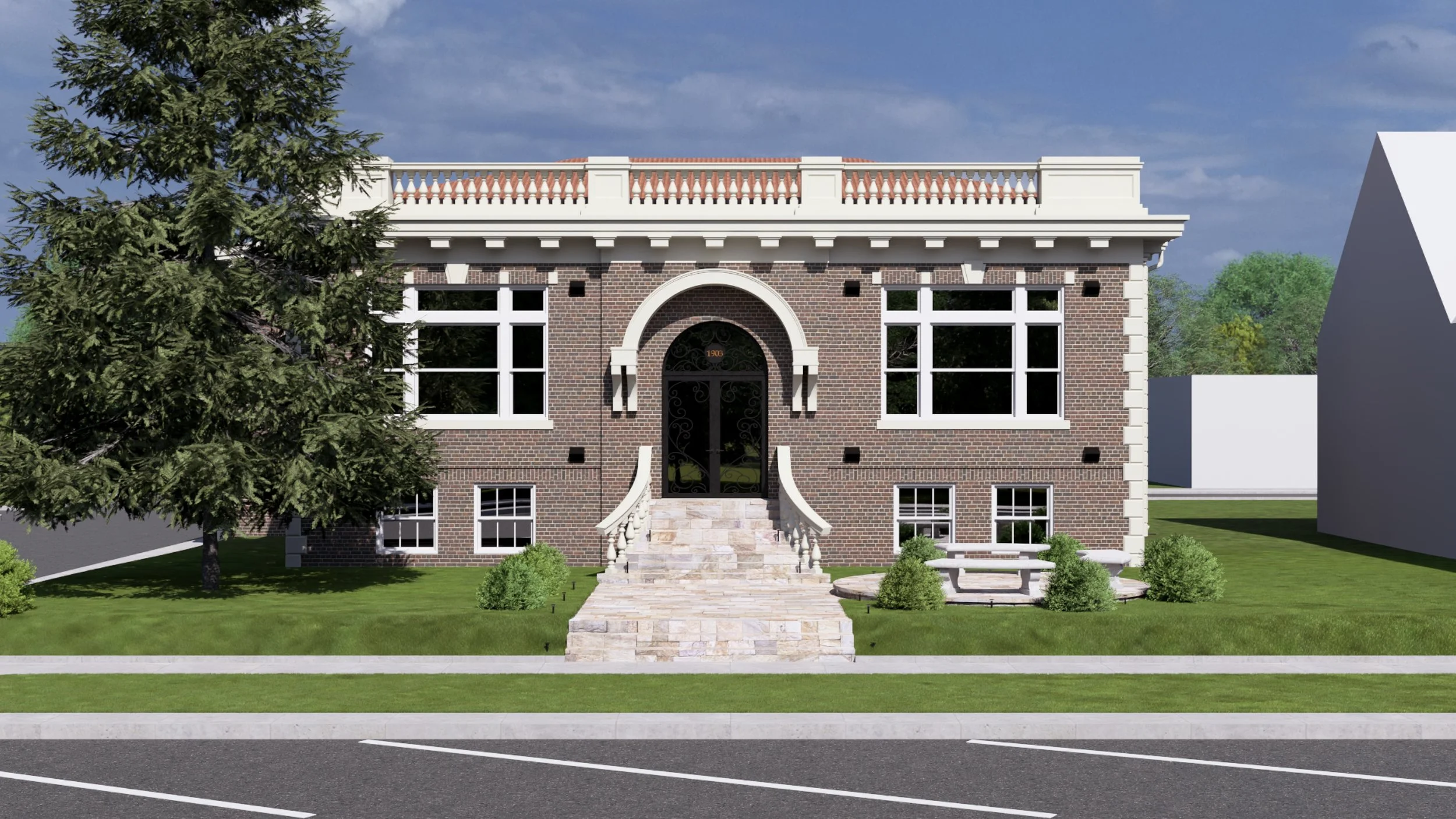 Front view of a two-story brick house with a set of stone stairs leading to a black ornate front door, surrounded by a well-maintained lawn with bushes and trees, and an empty parking lot in the foreground.