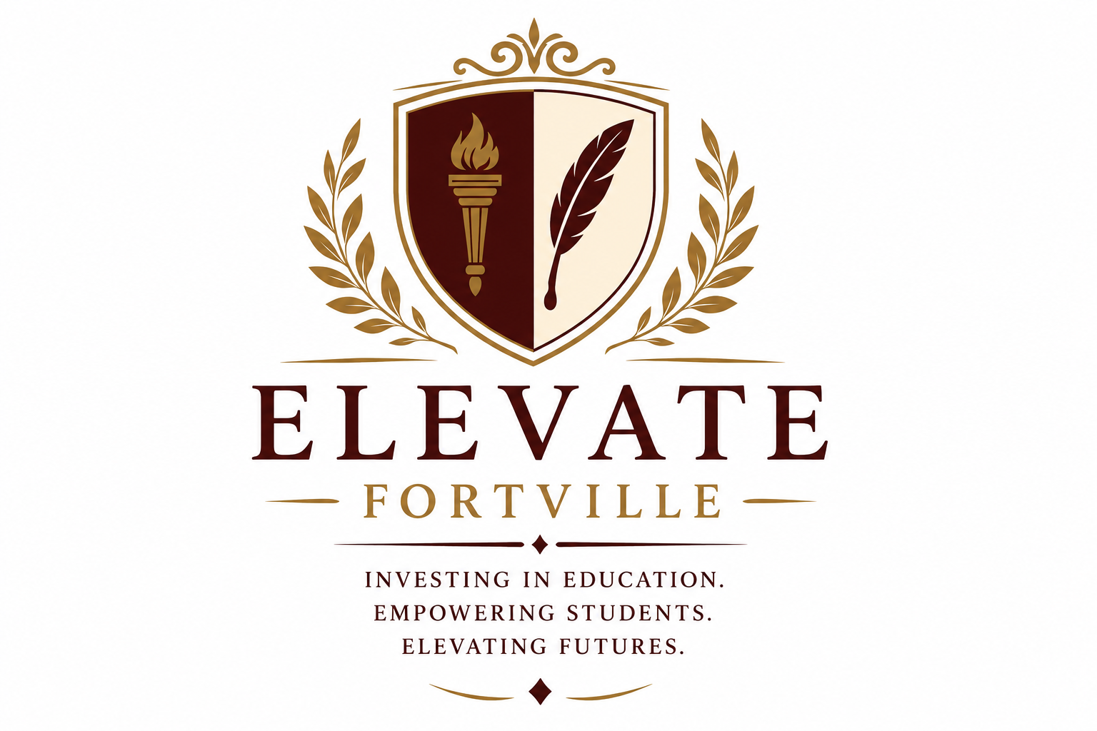 Logo for Elevate Fortville, featuring a shield divided into two parts with a torch on the left and a feather on the right, surrounded by gold laurel branches. Text below reads 'ELEVATE FORTVILLE' with a tagline: 'Investing in education. Empowering students. Elevating futures.'